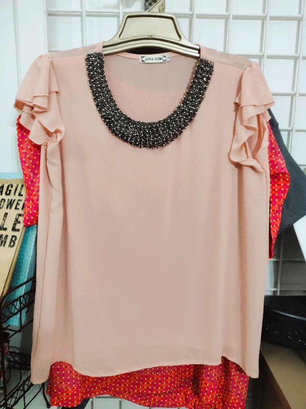 Liva Girl XL Beautiful Sheer Pink with Beaded Grey Pearl Collar Accents